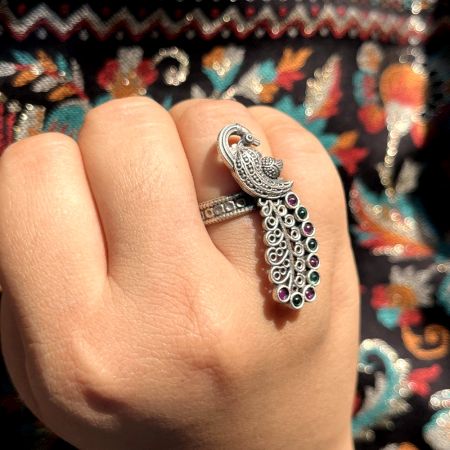 92.5 Sterling Silver Peacock Cocktail Adjustable Statement Ring